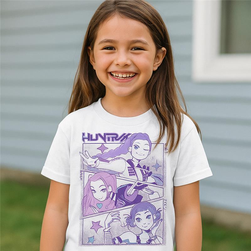 KPop Demon Hunters Panel Art Huntrix Youth White Crew Neck Short Sleeve T-shirt