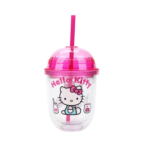 Hello Kitty Drinks Character Art 13 Oz Double Wall Plastic Cup With Pink Dome Lid