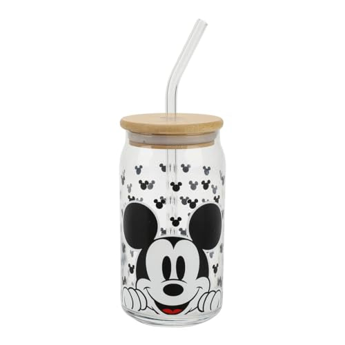 Disney Mickey Mouse Big Face 15 Oz Glass Bottle With Straw & Lid
