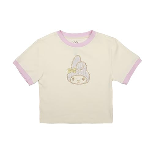 My Melody Character Face Rhinestone Chest Art Crew Neck Short Sleeve Women's White Crop Baby Tee