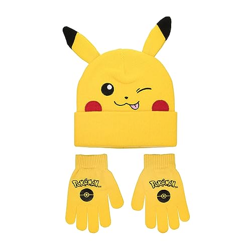 Pokemon Pikachu Cuff Hat With 3D Ears And Matching Gloves