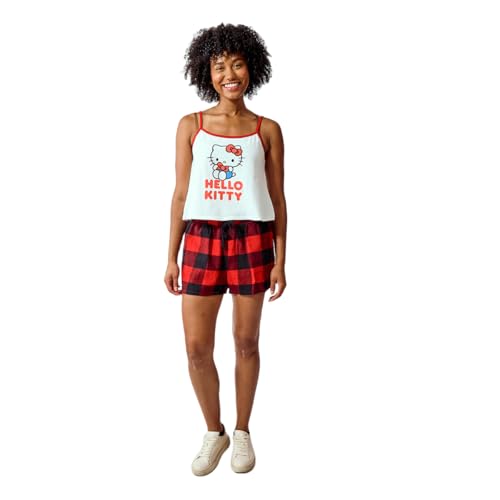 Hello Kitty Women's 2-pack White A-Line Cami & Red Buffalo Plaid Woven Lounge Shorts Sleep Set
