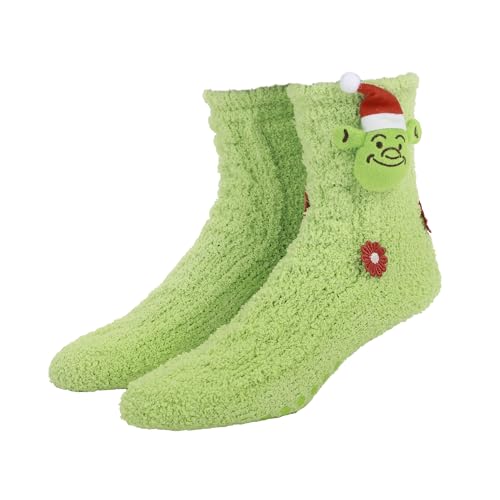 Shrek Plush Santa Shrek Head Women's Green Chenille Crew Socks