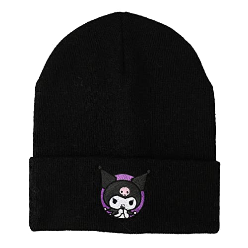Kuromi Purple Circle Black Cuffed Embroidered Logo knitted Beanie