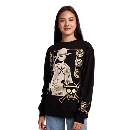 One Piece Luffy Icons Gold Foil Print Women's Black Crew Neck Long Sleeve Fleece Sweatshirt