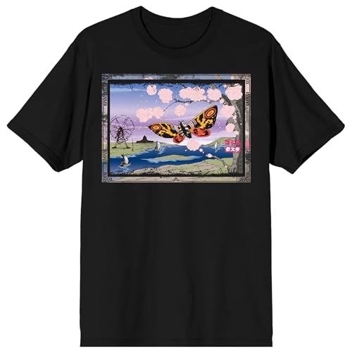 Godzilla Classic Mothra with Cherry Blossom Tree and River Adult Black Short Sleeve Tee
