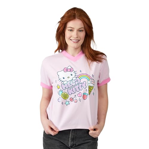 Hello Kitty Rainbow Hearts Stars & Sweet Treats V-Neck Short Sleeve Cradle Pink Women's T-shirt