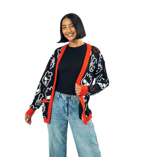 Hello Kitty & Friends Character Face Outlines Women's Black Long Sleeve Grandma Cardigan