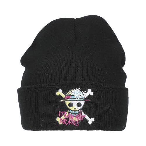 One Piece (Live Action) Jolly Roger Pirate Cuff Embroidery On Ribbed Black Acrylic Knit Cuff Beanie