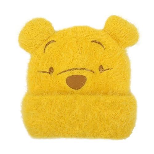 Winnie The Pooh Character Face Yellow Fuzzy Yarn Cuff Beanie With 3D Ears