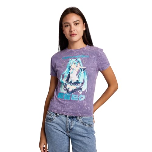 Hatsune Miku Teal Kanji Women's Purple Mineral Wash Crew Neck Short Sleeve Cropped Baby Tee