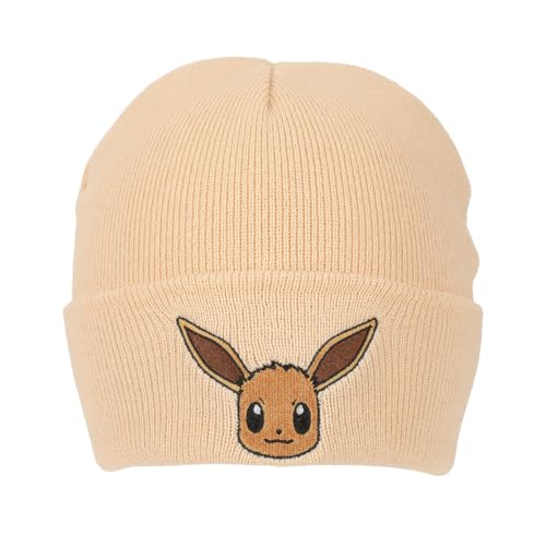 Pokemon Rib Knit Embroidered Eevee On Tan Cuff Beanie