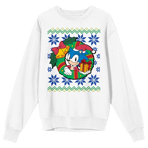 Sonic The Hedgehog Sonic Christmas Wreath Crew Neck Long Sleeve White Adult Sweatshirt