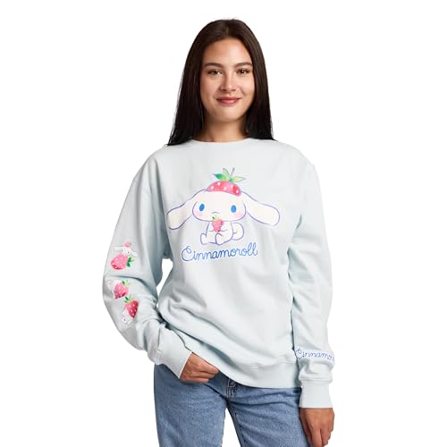 Cinnamoroll Strawberries Women's Light Blue Crew Neck Long Sleeve Fleece Sweatshirt
