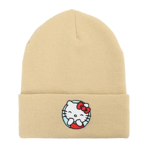 Hello Kitty Blue Circle Embroidered Khaki Cuff Beanie
