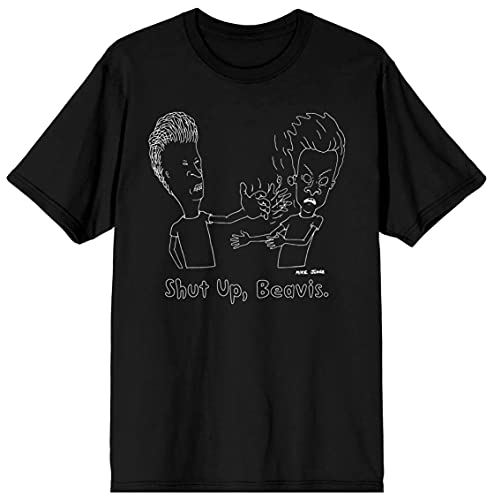 Men's Beavis & Butthead Shut Up Beavis Text Black Graphic Tee Shirt