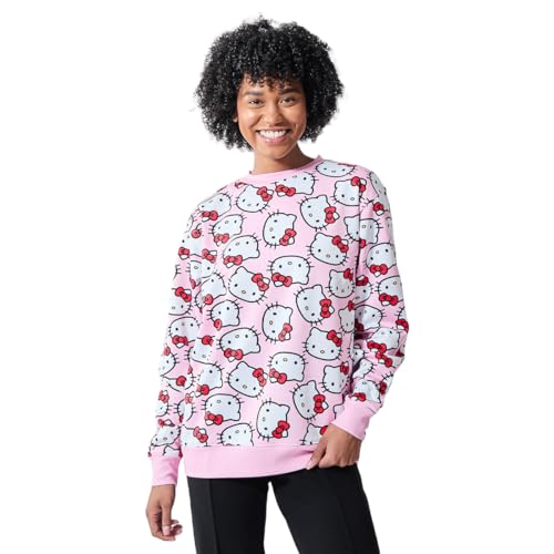 Hello Kitty Character Heads All-Over Print Women's Pink Crew Neck Long Sleeve Sweatshirt