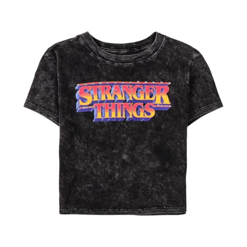 Stranger Things Logo Women's Black Mineral Wash Crew Neck Short Sleeve Cropped Baby Tee