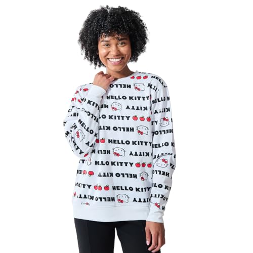Hello Kitty Repeat Text Women's White Crew Neck Long Sleeve Sweatshirt