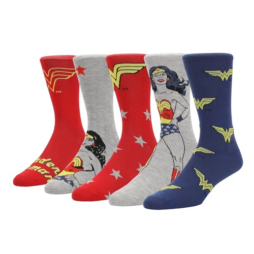 Wonder Woman Logo & Character Art Women's 5-Pair Pack Casual Crew Socks