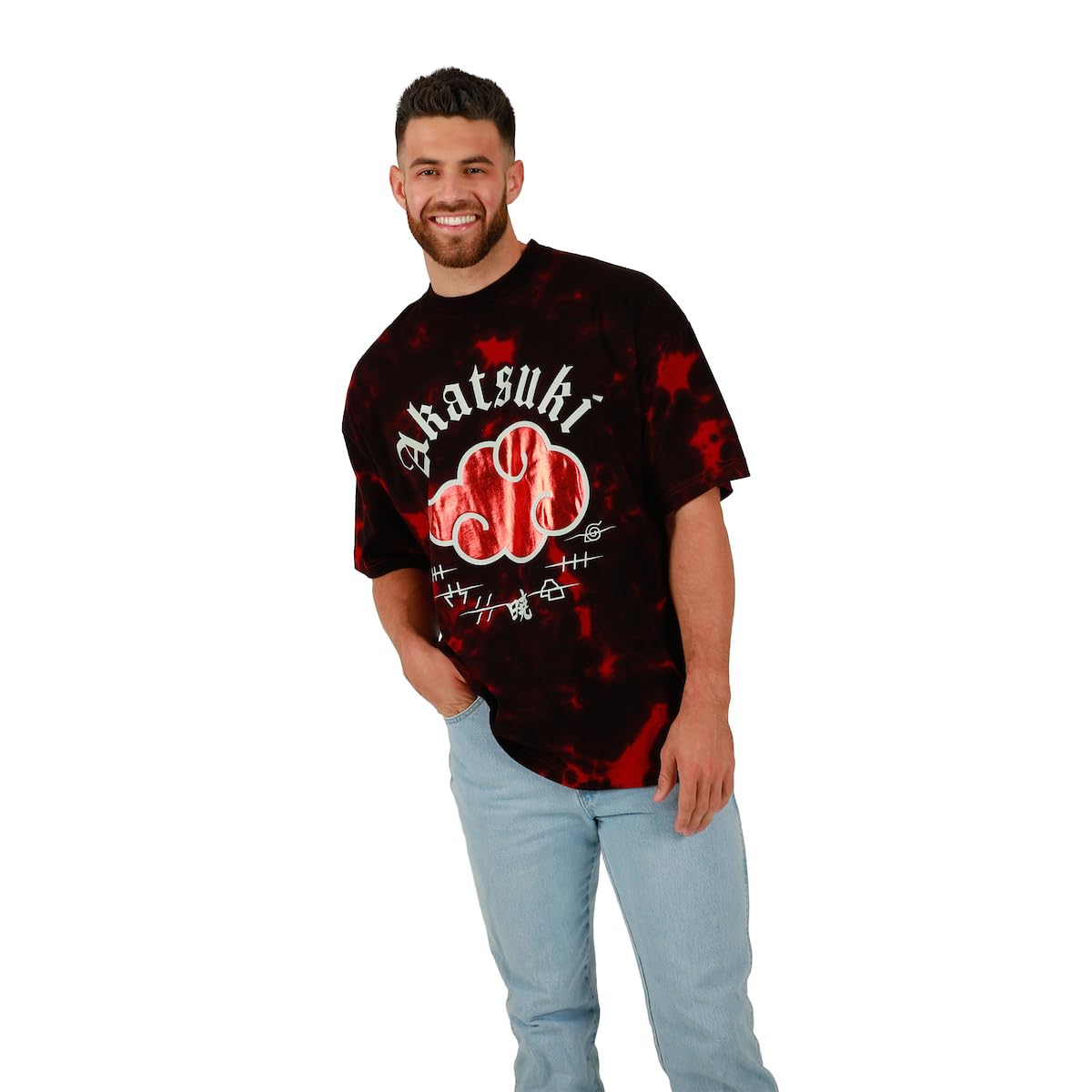 Naruto Akatsuki Cloud Crew Neck Short Sleeve Oversized Drop Shoulder Red & Black Cloud Wash Men's T-shirt