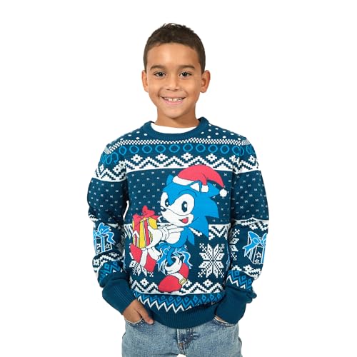 Sonic The Hedgehog Holiday Presents & Snowflakes Crew Neck Long Sleeve Boy's Navy Sweater