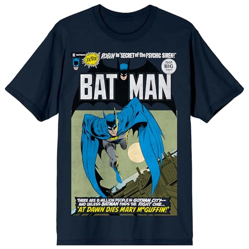Batman Leaping Into Action Comic Cover Art Crew Neck Short Sleeve Navy Men's T-shirt