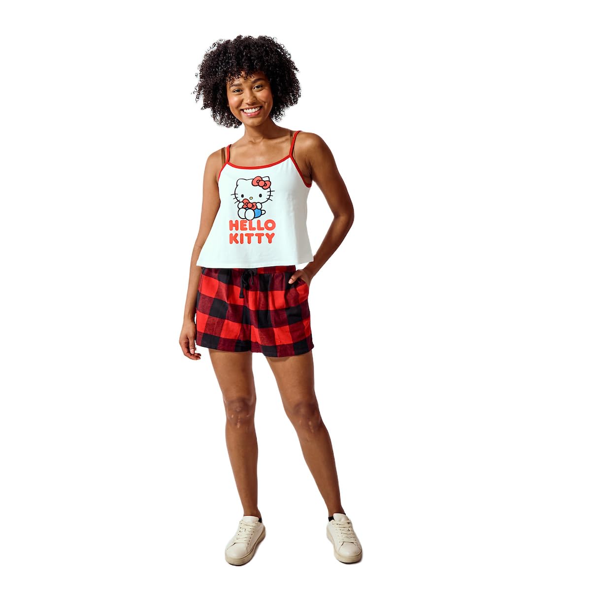 Hello Kitty Women's 2-pack White A-Line Cami & Red Buffalo Plaid Woven Lounge Shorts Sleep Set