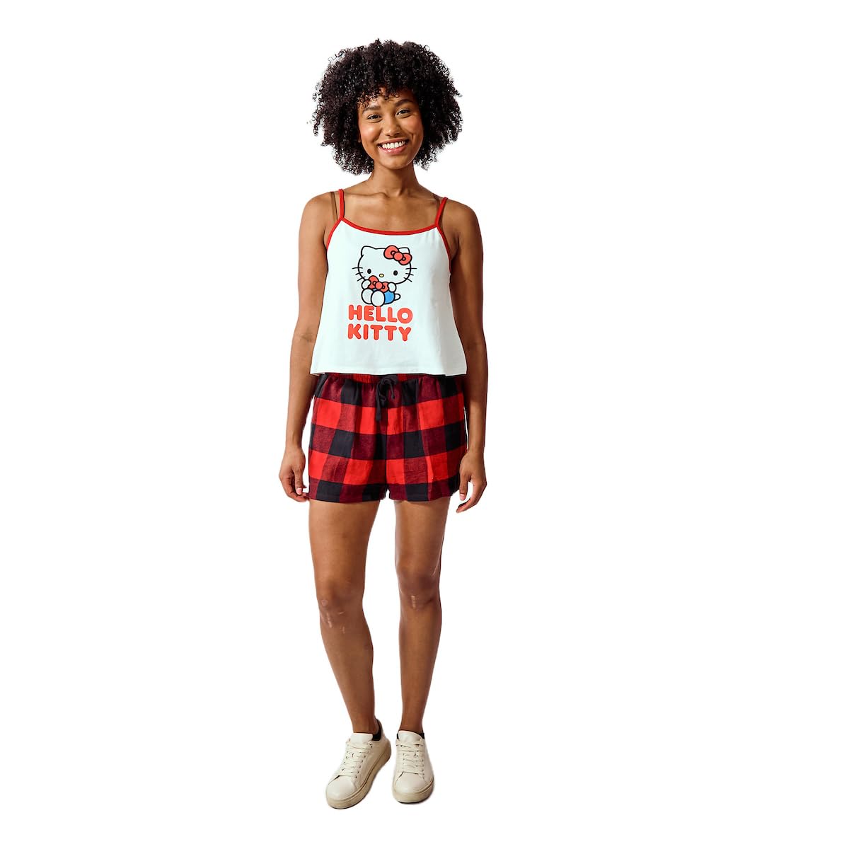 Hello Kitty Women's 2-pack White A-Line Cami & Red Buffalo Plaid Woven Lounge Shorts Sleep Set