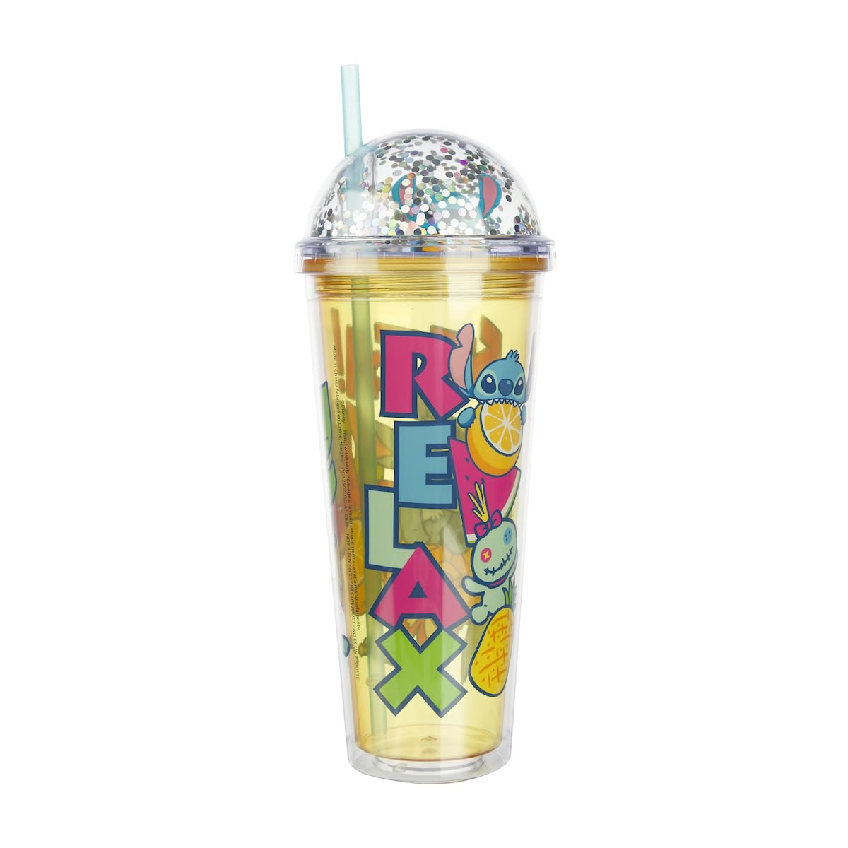 Disney Stitch Relax Orange 16 Oz Acrylic Cup With Clear Dome Lid & 3D Stitch Character