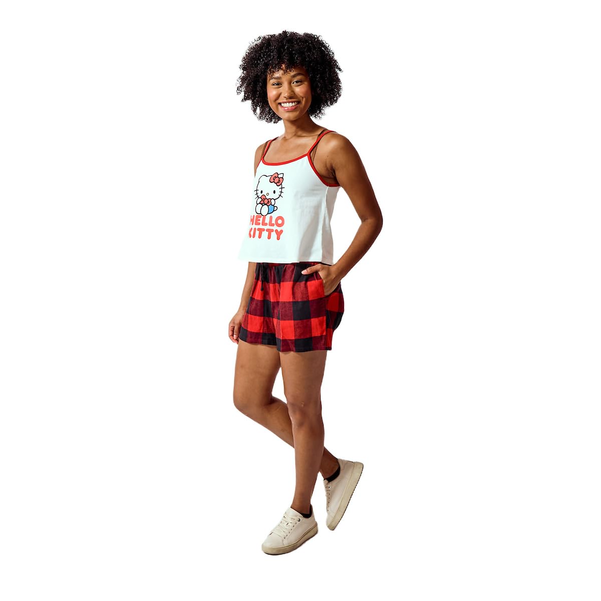 Hello Kitty Women's 2-pack White A-Line Cami & Red Buffalo Plaid Woven Lounge Shorts Sleep Set