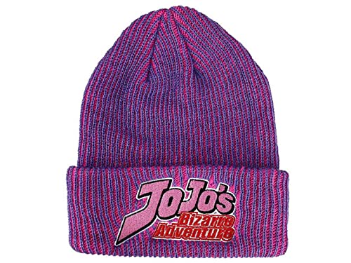 JoJo's Bizarre Logo Flat Embroidery on Pink Purple Two-Tone Ribbed Acrylic Knitted Beanie Hat