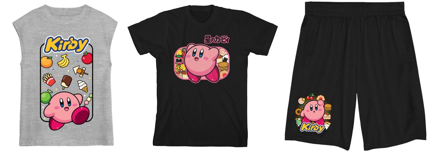 Kirby Character and Print Boy's 3-Pack Tank, Crew Neck Short Sleeve Tee and Shorts Set
