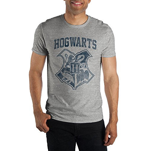 Harry Potter Hogwarts Crest Four Houses Gryffindor Slytherin Hufflepuff Ravenclaw Men's Gray Tee T-Shirt Shirt