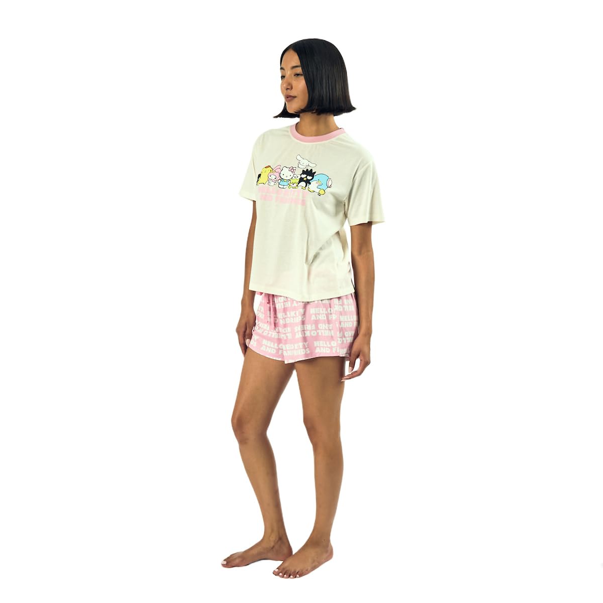 Hello Kitty & Friends Group Character Art Women's Short Sleeve Tee & Shorts Lounge Set