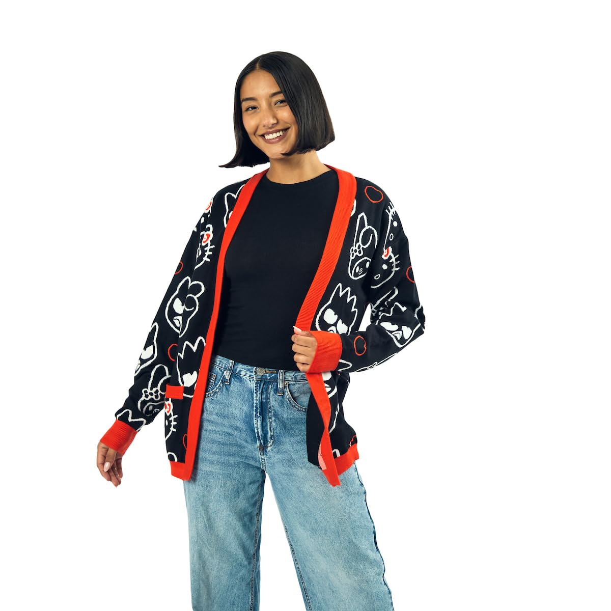 Hello Kitty & Friends Character Face Outlines Women's Black Long Sleeve Grandma Cardigan
