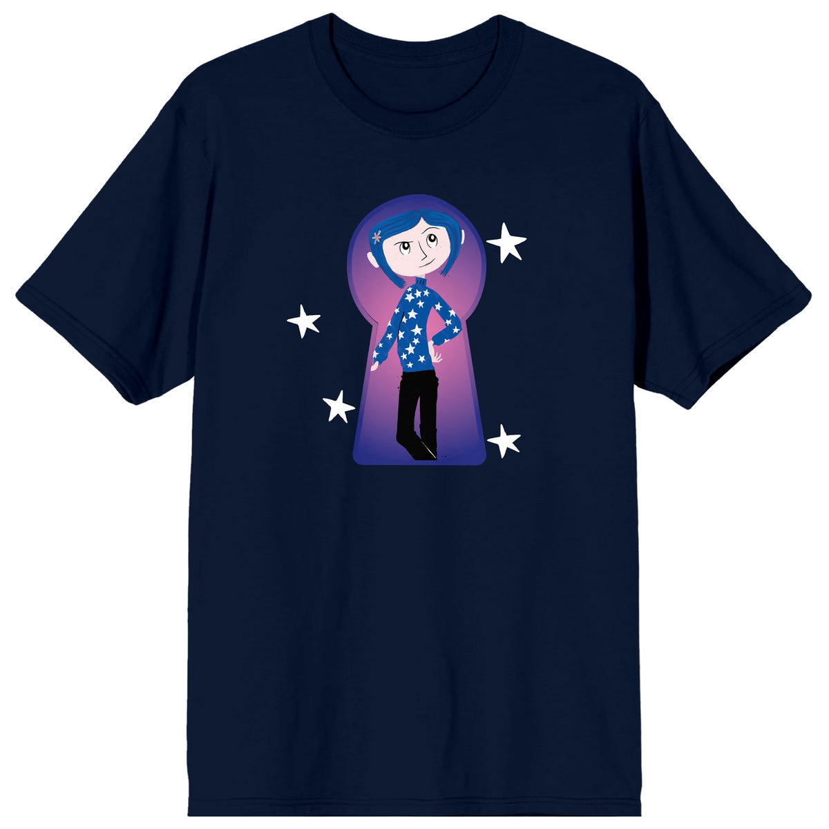 Coraline Coraline in Key Hole Frame White Stars on Navy Ground Adult Crew Neck Short Sleeve T-shirt