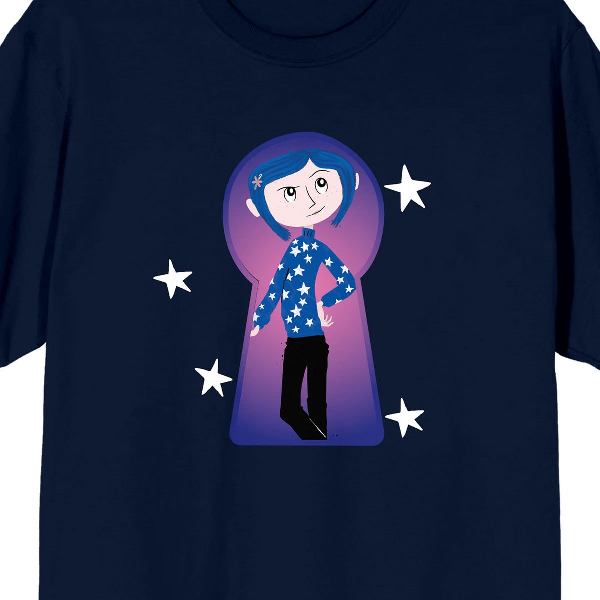 Coraline Coraline in Key Hole Frame White Stars on Navy Ground Adult Crew Neck Short Sleeve T-shirt