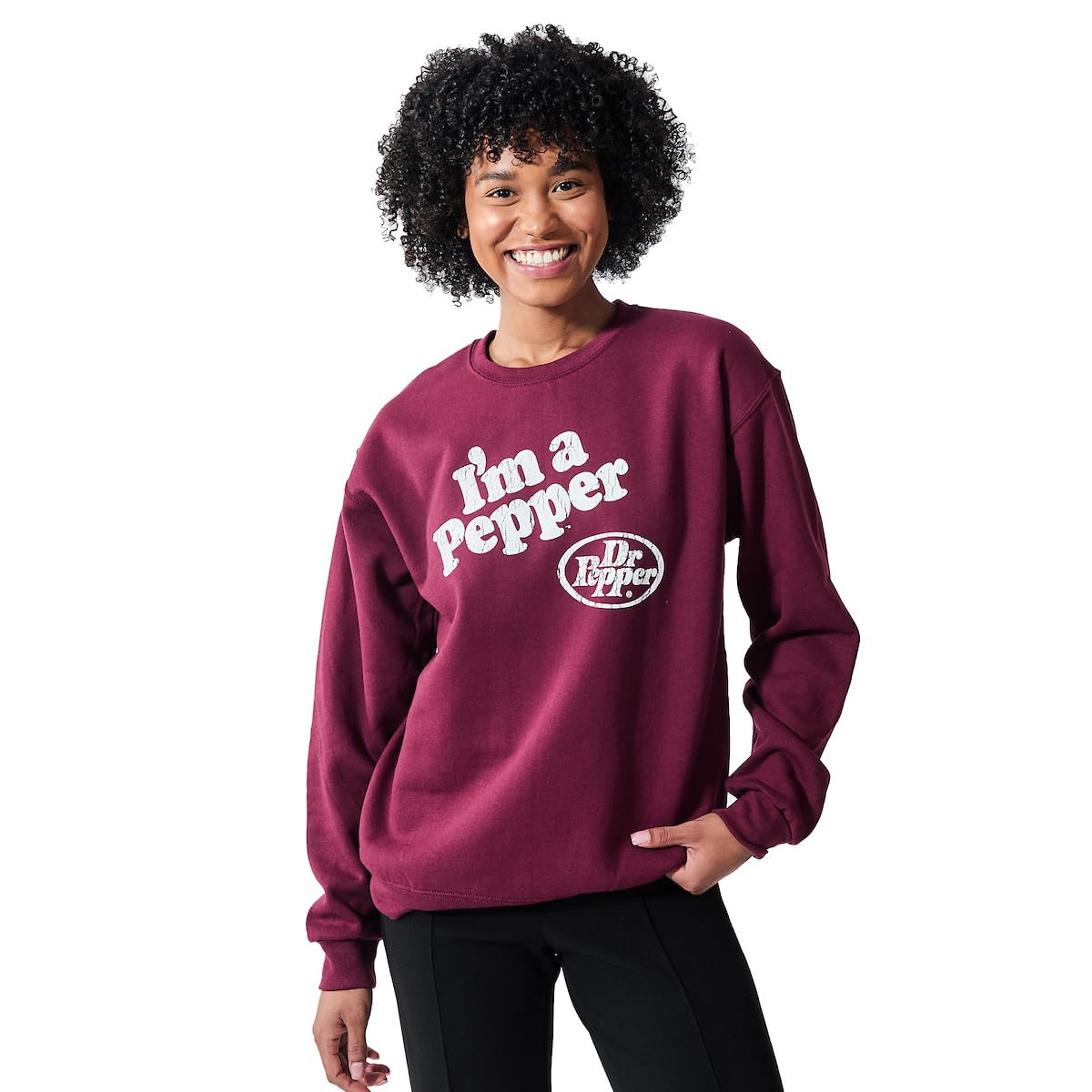 Dr Pepper I'm A Pepper Women's Burgundy Crew Neck Long Sleeve Sweatshirt