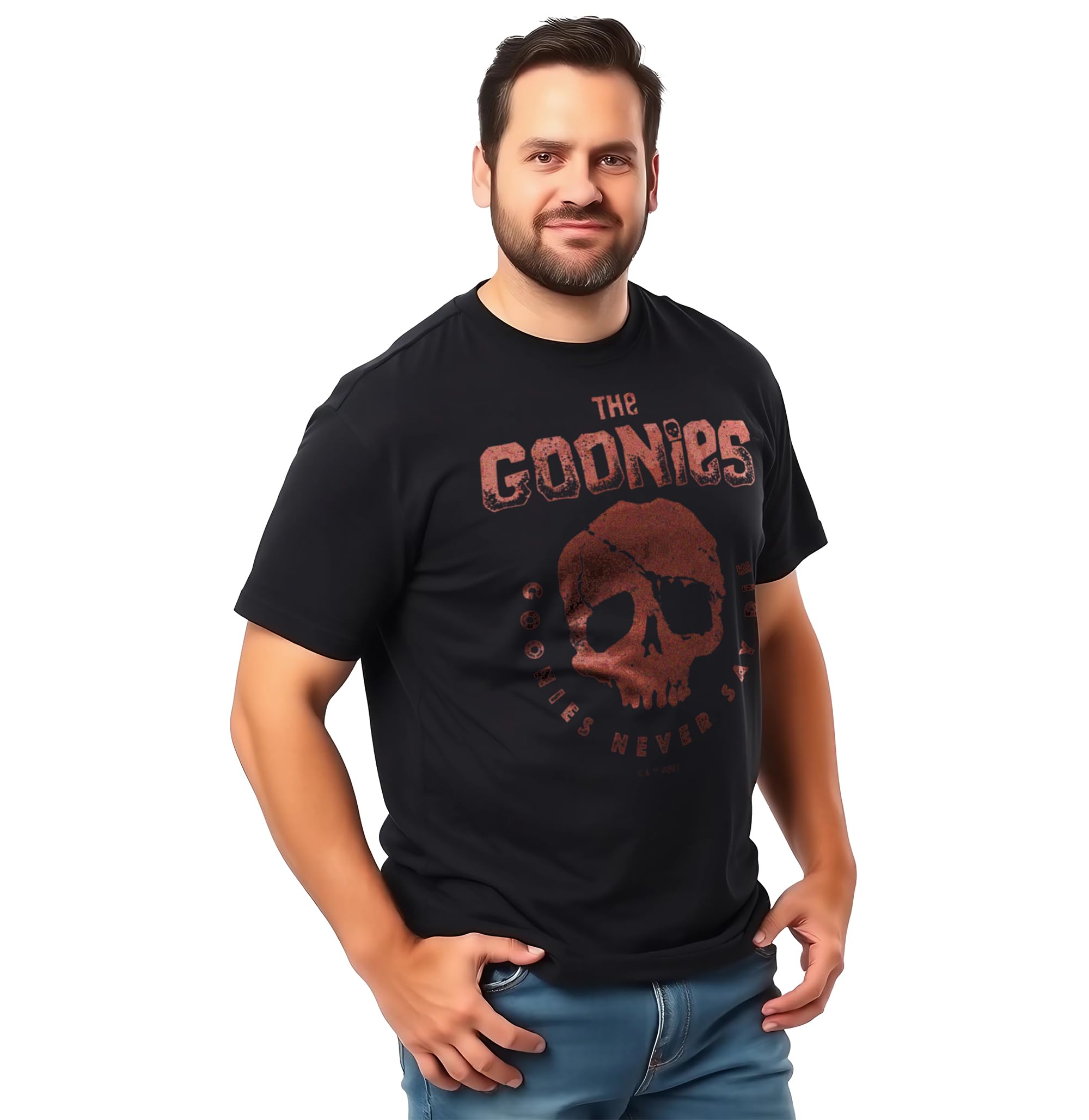 Goonies Skull Never Say Die Adult Black Crew Neck Short Sleeve T-shirt