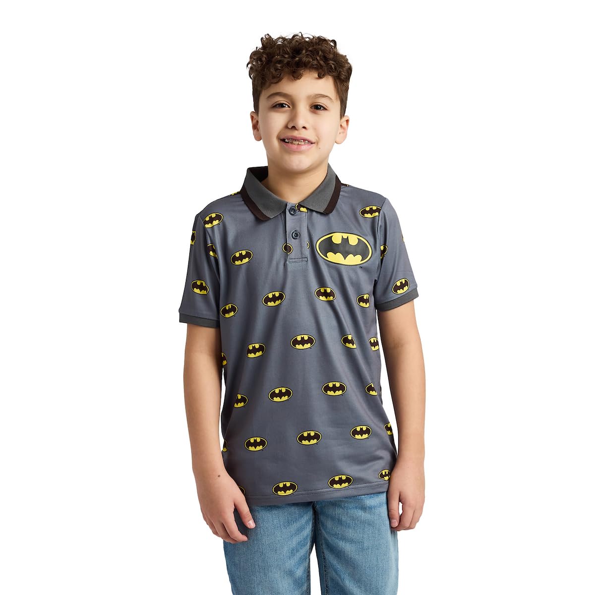 Batman Logo All-Over Print Boy's Gray Short Sleeve Polo T-shirt