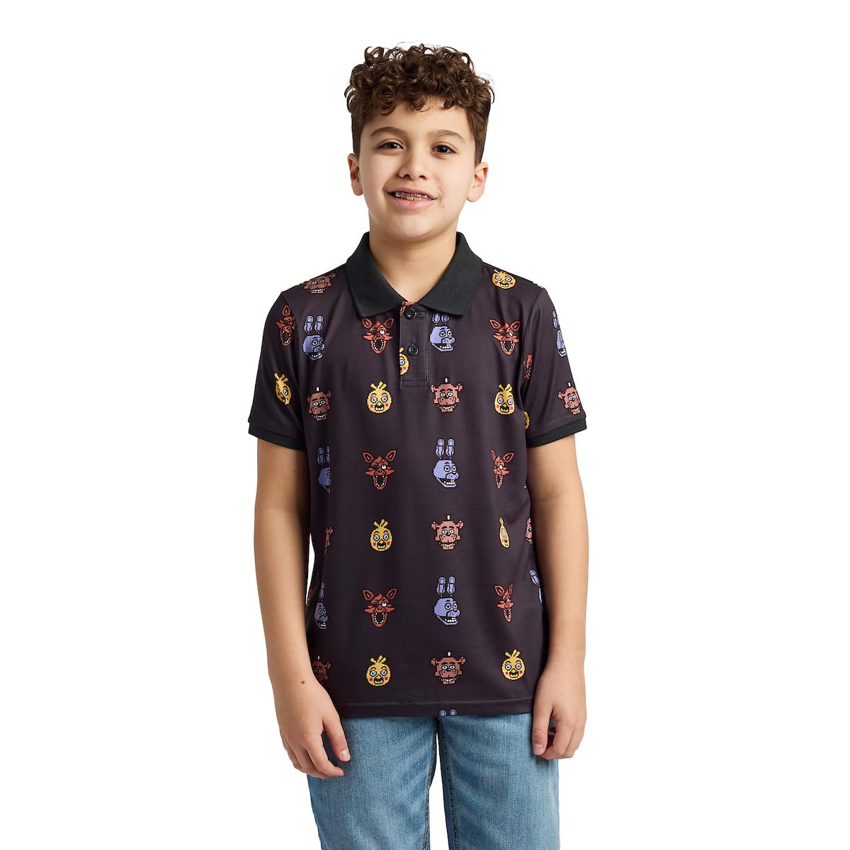 Five Nights At Freddy's Animatronic Heads All-Over Print Boy's Black Short Sleeve Polo T-shirt
