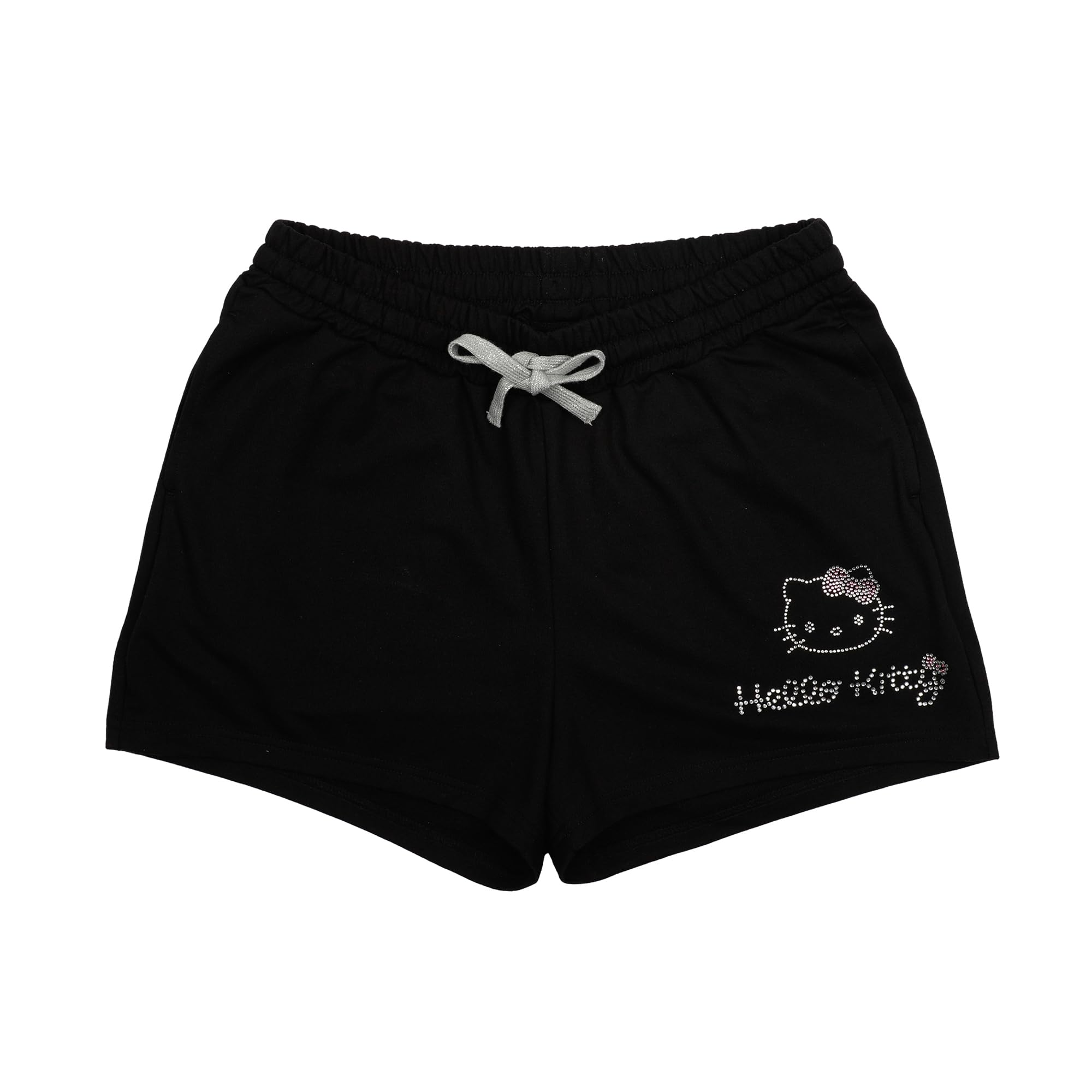 Hello Kitty Rhinestone Face Outline Art Women's Black Sweat Shorts