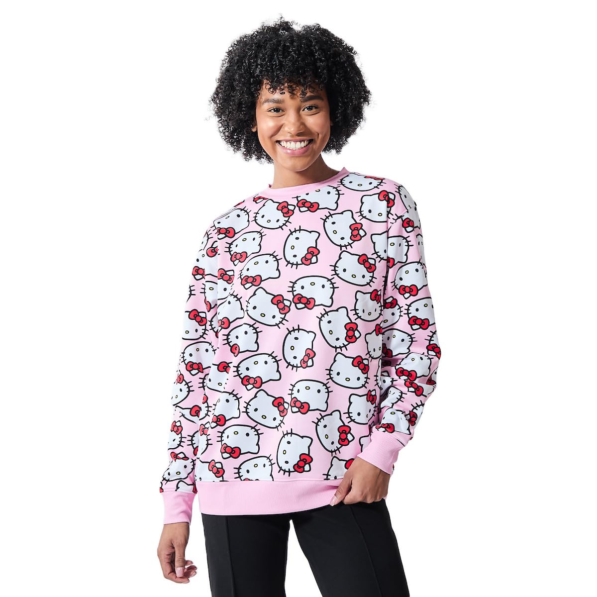 Hello Kitty Character Heads All-Over Print Women's Pink Crew Neck Long Sleeve Sweatshirt