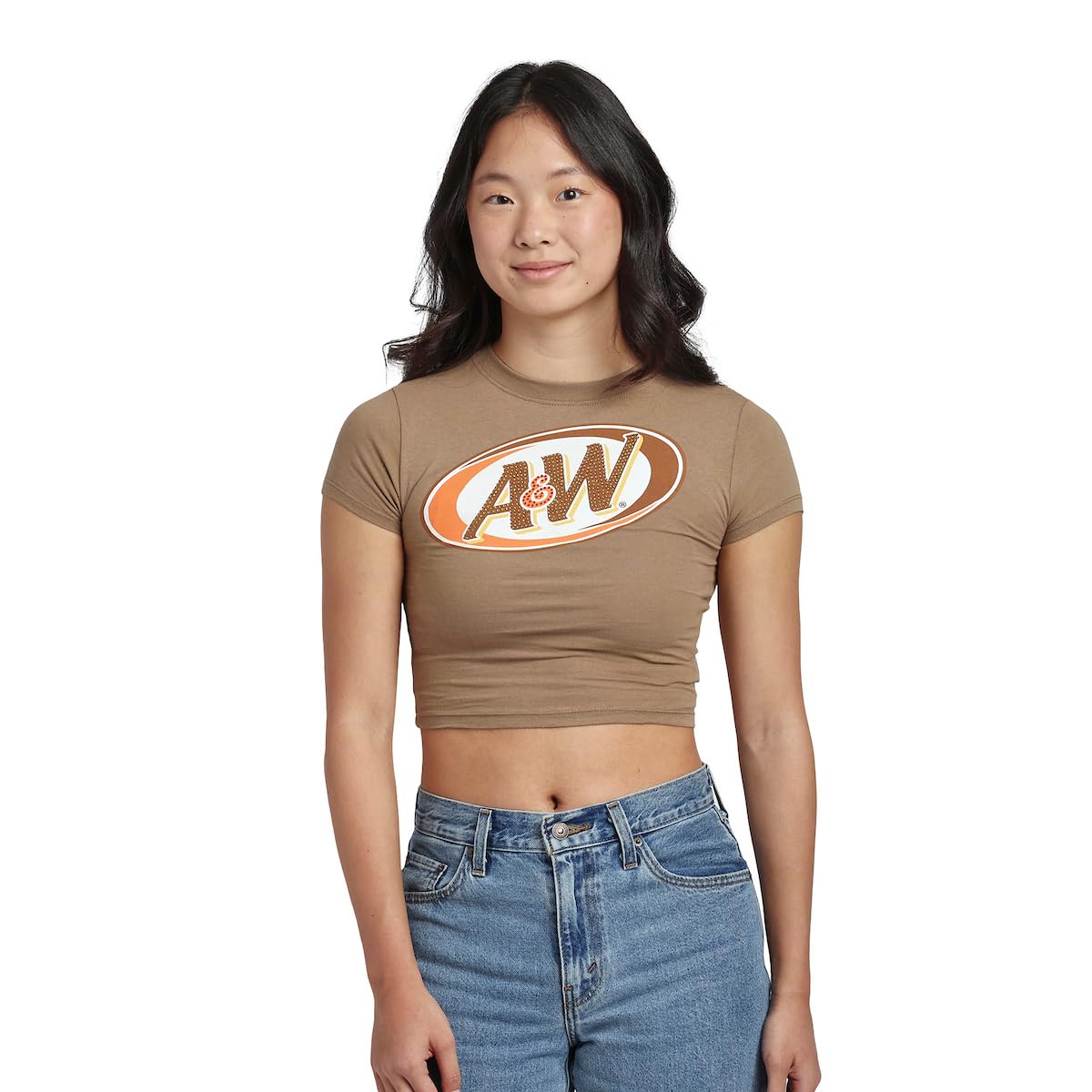 A&W Root Beer Logo Women's Brown Mineral Wash Crew Neck Short Sleeve Cropped Baby Tee