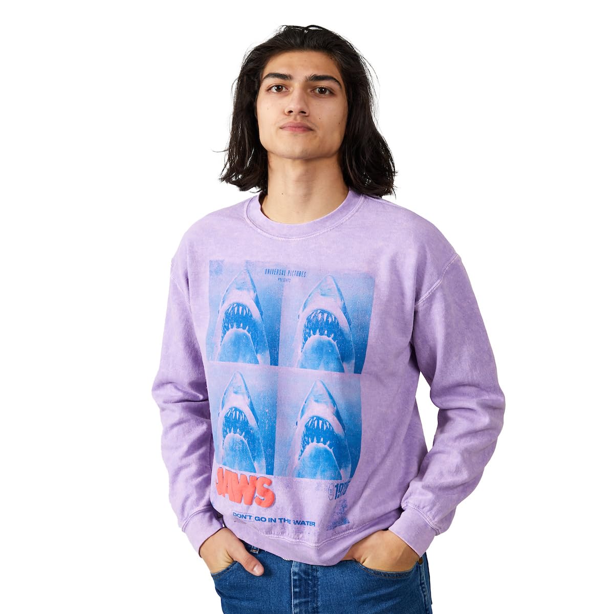 Jaws Shark Four Square Poster Art Crew Neck Long Sleeve Lilac Wash Adult Sweatshirt