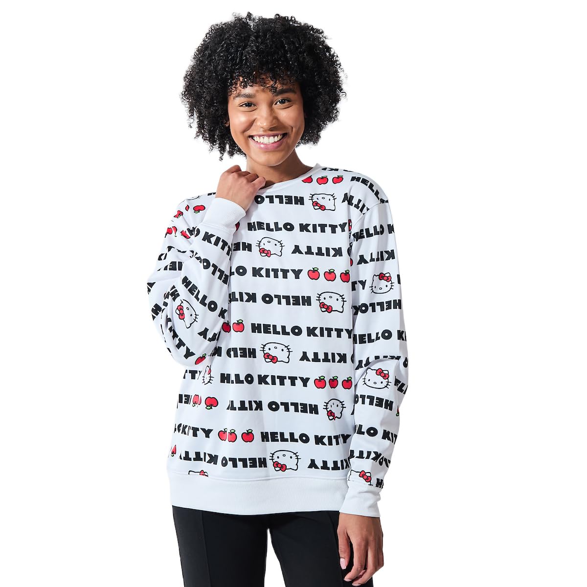 Hello Kitty Repeat Text Women's White Crew Neck Long Sleeve Sweatshirt