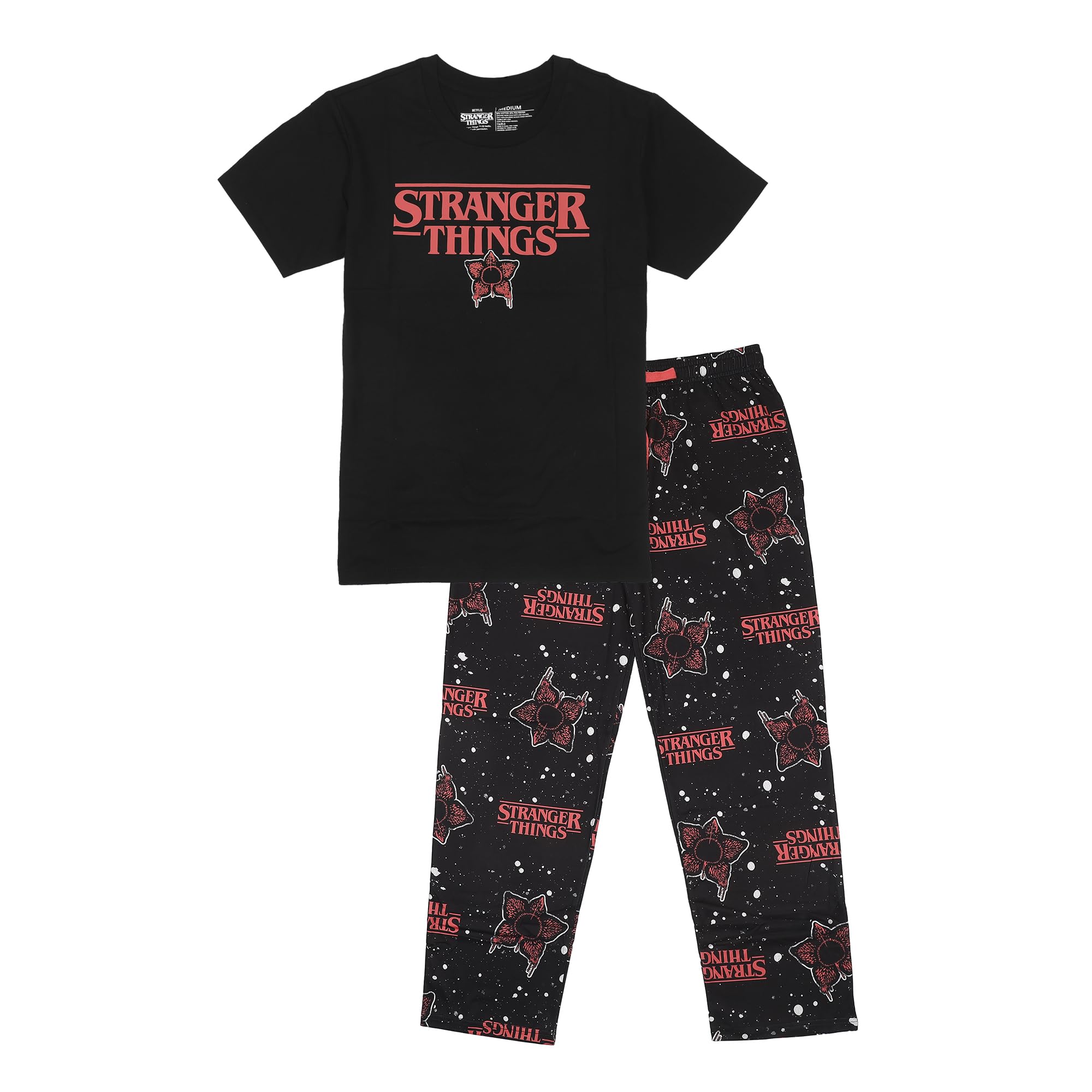 Stranger Thing Demogorgon Splatter Logo Women's Black Oversized Tee & Pants Sleep Set