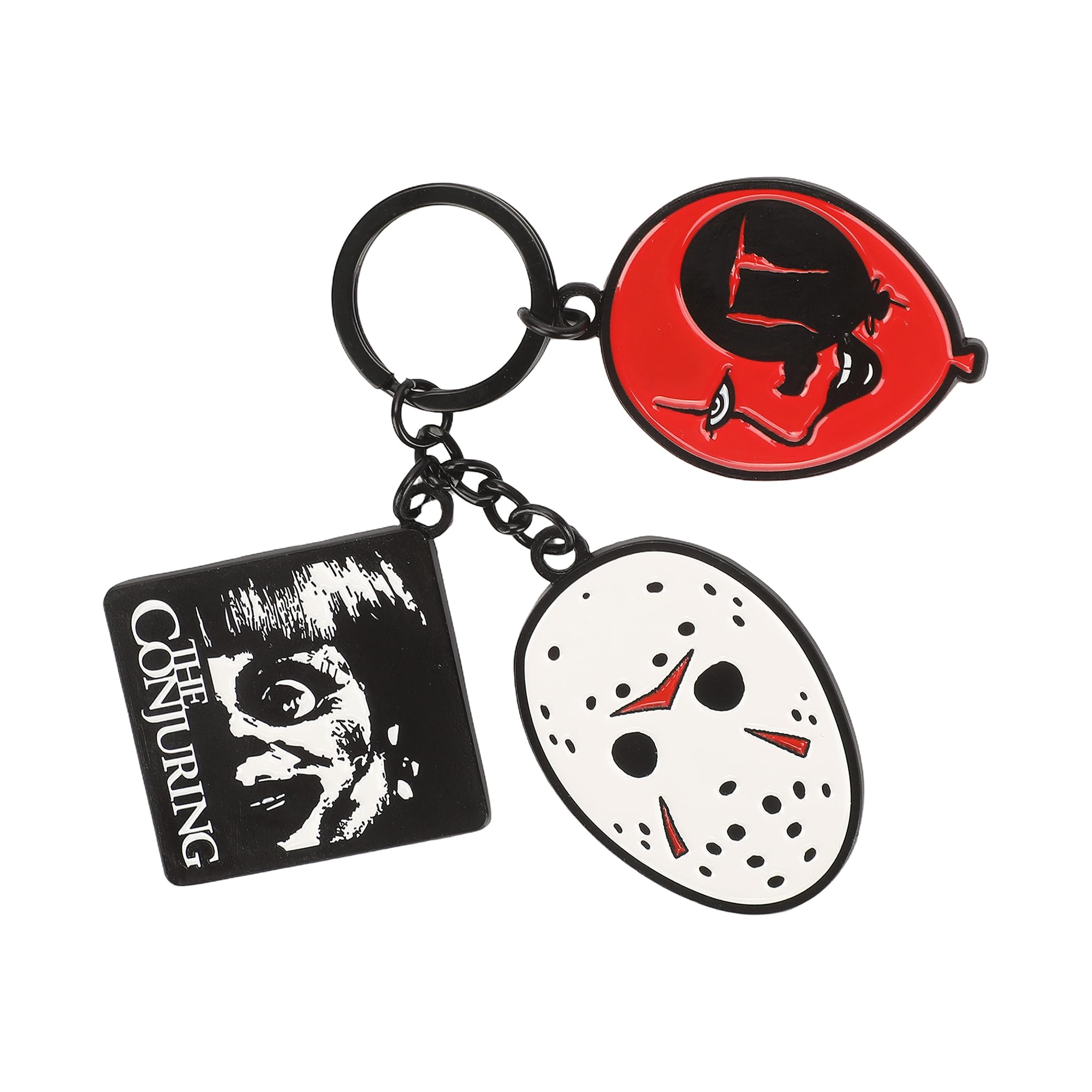 WB Horror Movies Keychain with 3 Charms, The Conjuring Annabelle It Pennywise Friday the 13th Jason, Zinc Alloy & Enamel Key Ring, Officially Licensed