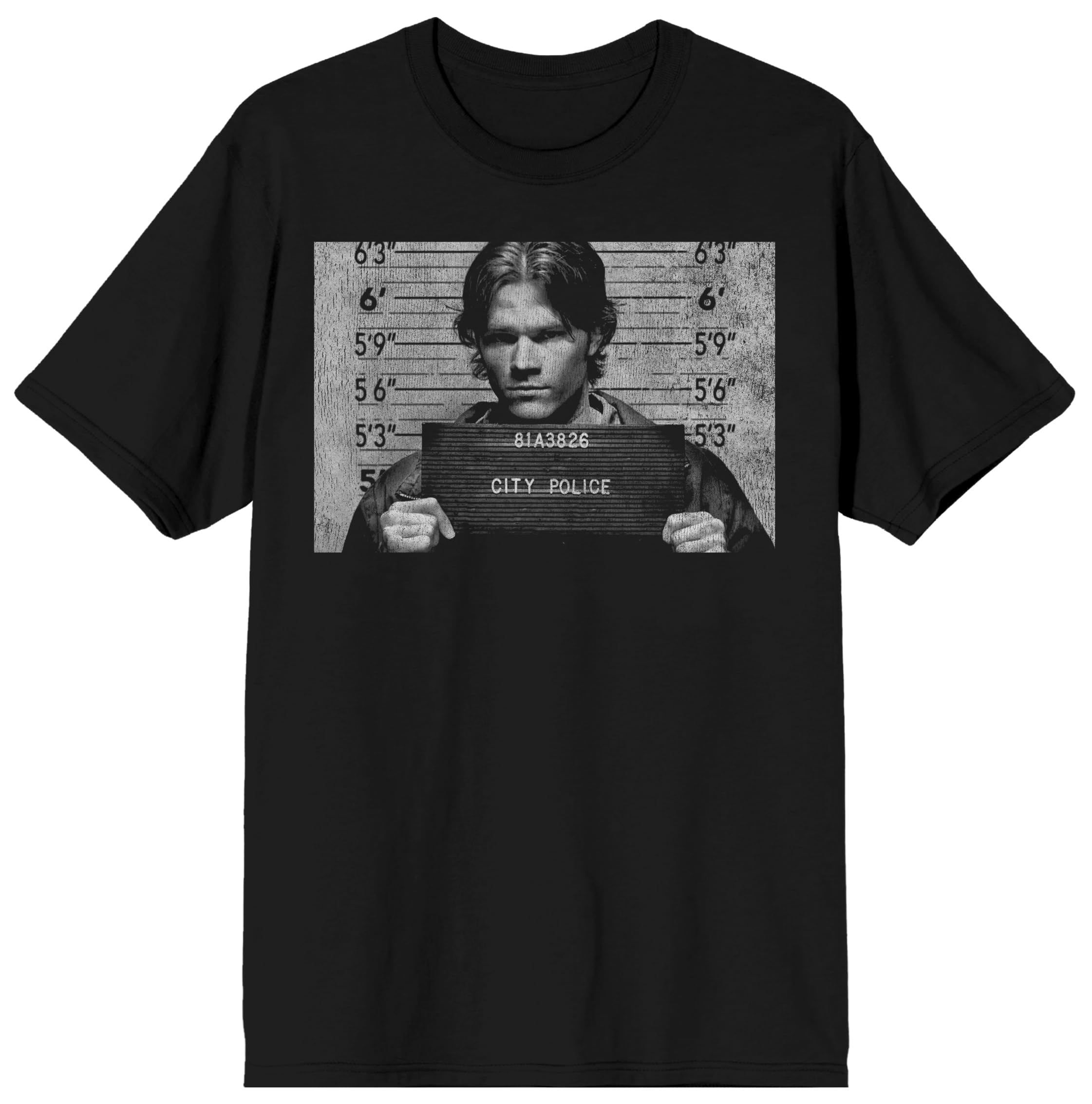 Supernatural Sam Mugshot Adult Black Crew Neck Short Sleeve T-shirt